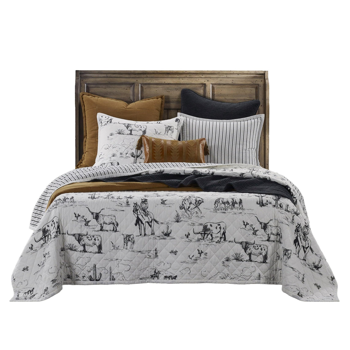 White Black Cow Cowboy Longhorn Horse Rodeo Print Western Bed Set