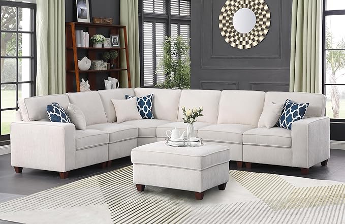 127" L-Shaped Sectional Couch with Movable Ottoman & 6 Throw Pillows