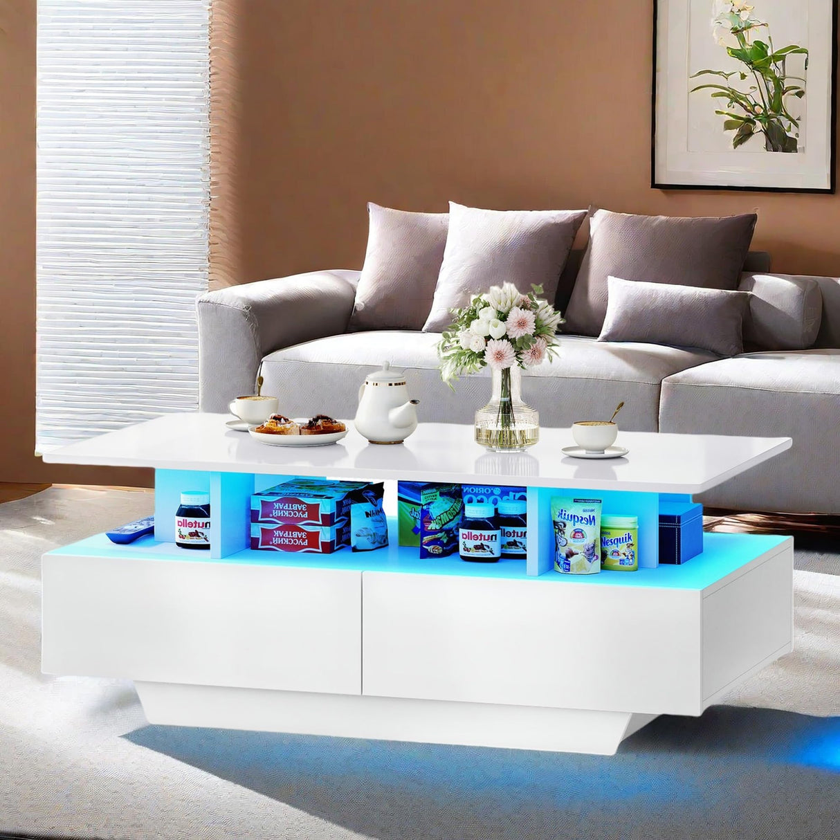 LED Coffee Table with Storage 4 Drawers, Modern High Glossy Coffee Tables
