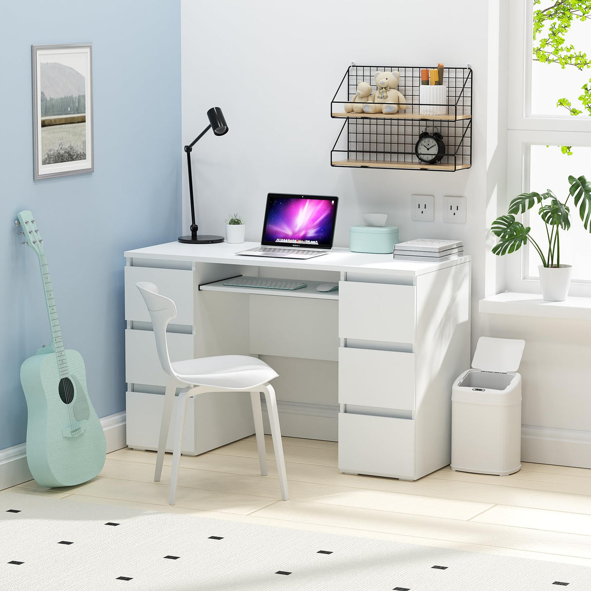 Computer Desk - White Desk with 6 Drawers, 47 Inch Home Office Desk, Modern Writing Desk with Storage,