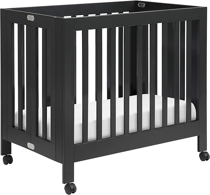 Origami Mini Portable Crib Folding with Wheels in White, 2 Adjustable Mattress Positions