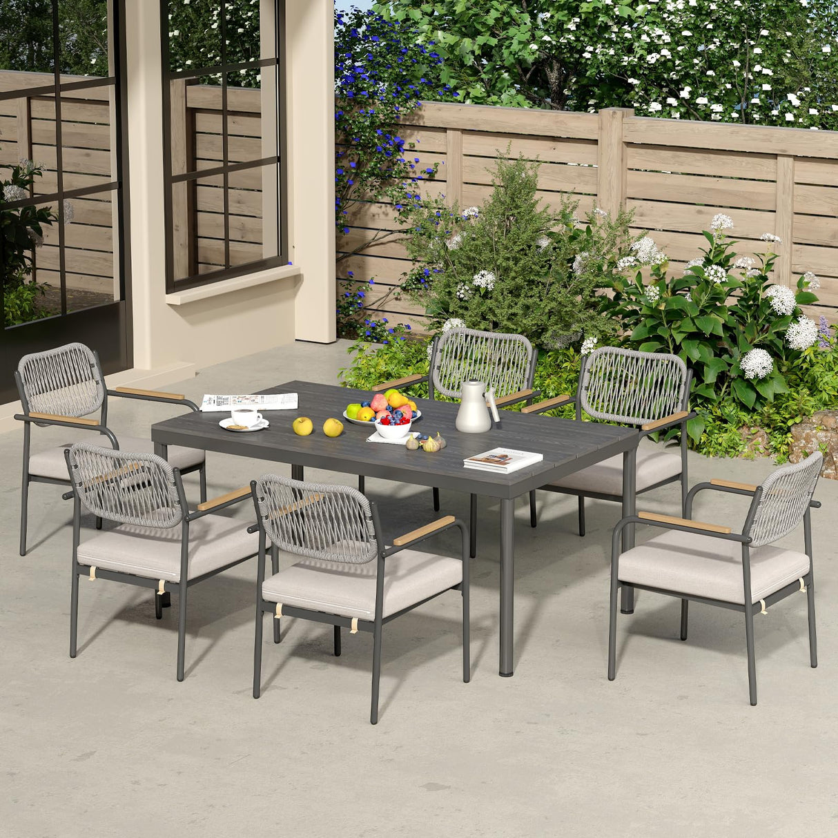 7 Pieces Patio Dining Set, Wicker Outdoor Dining Chairs with Rectangular Table