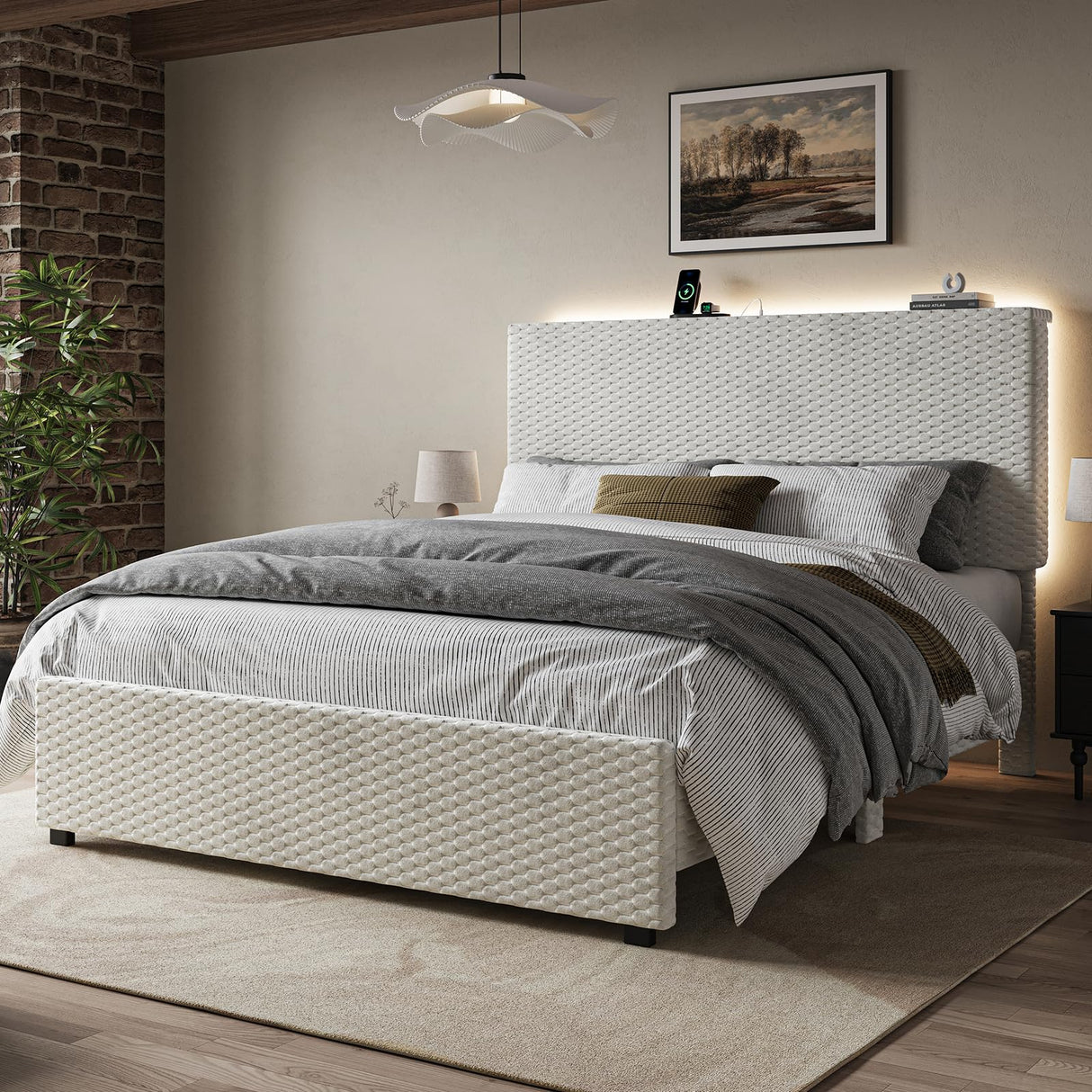 Queen Upholstered Bed Frame with Storage Headboard & LED Lights - White