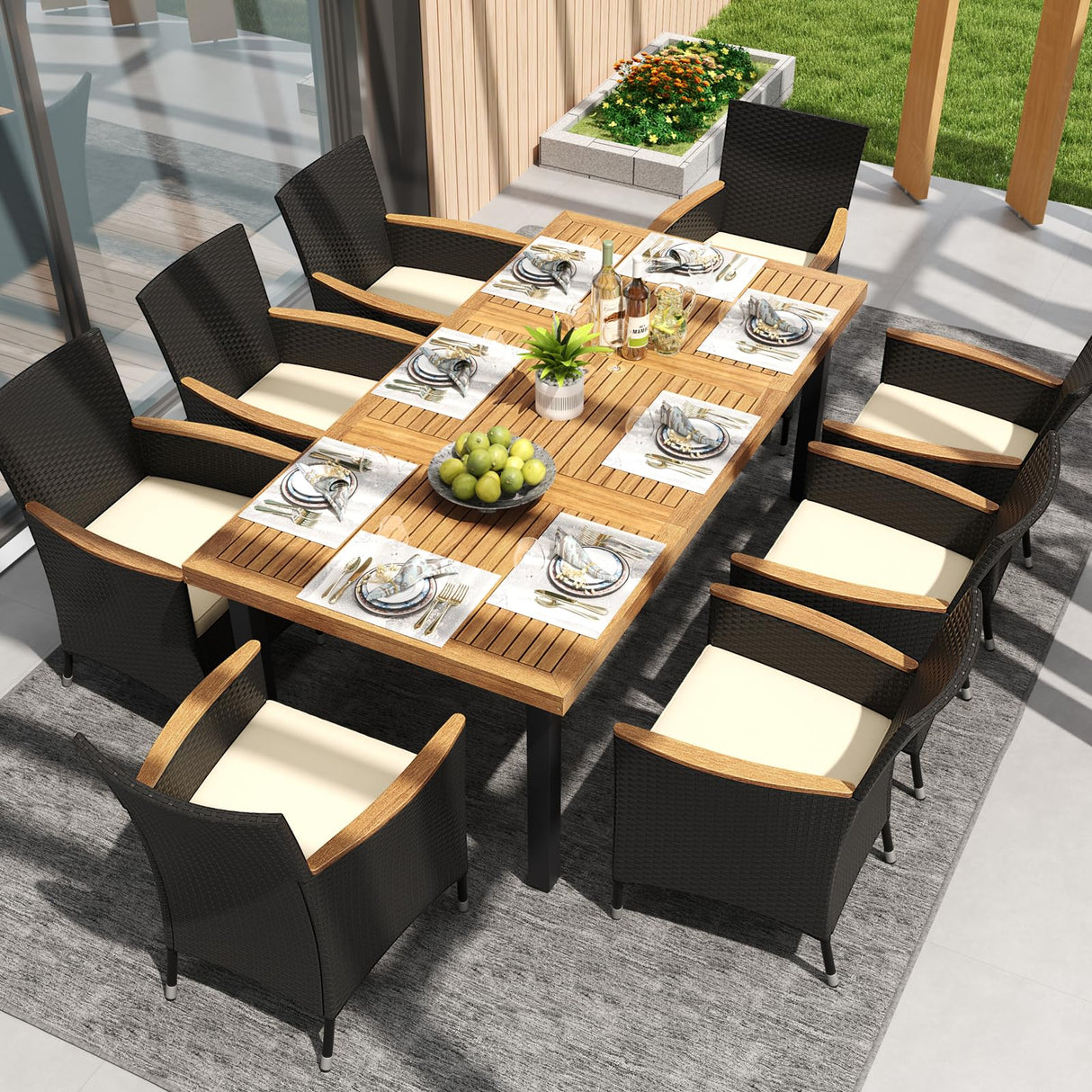 Patio Dining Table for 8, 79" Large Rectangle Table with Acacia Wood Tabletop & Heavy