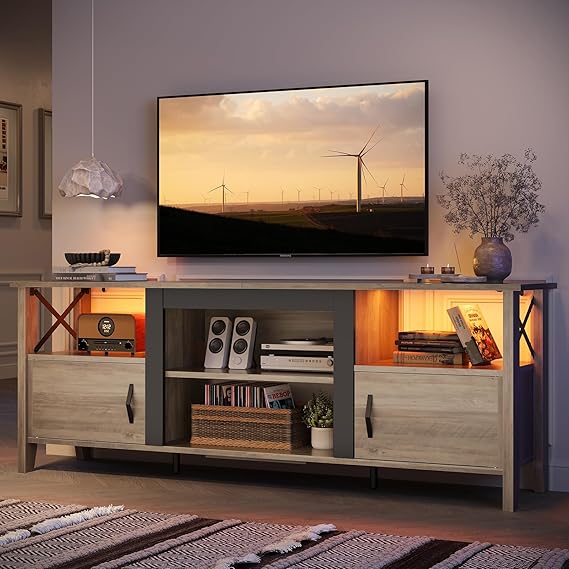 Farmhouse TV Stand for 70 Inch TV with LED Lights - 63 Inch Entertainment Center
