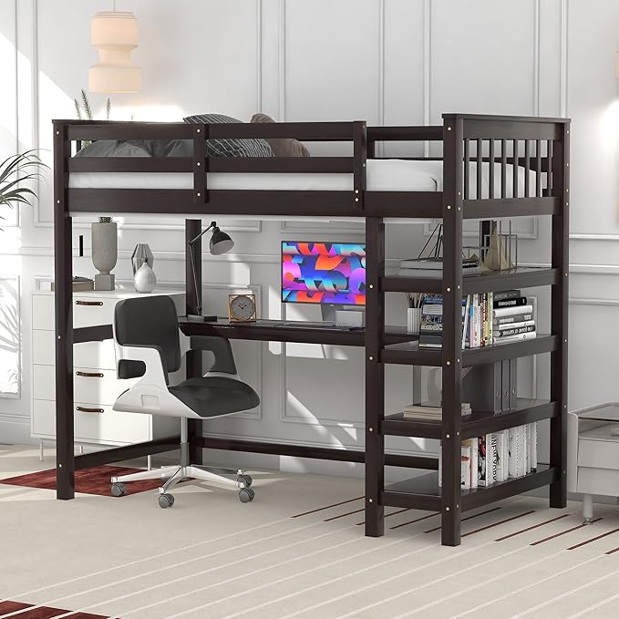with Desk : Twin Size Loft Bed with 4-Storage Shelves and Under-Bed Desk Solid Wood