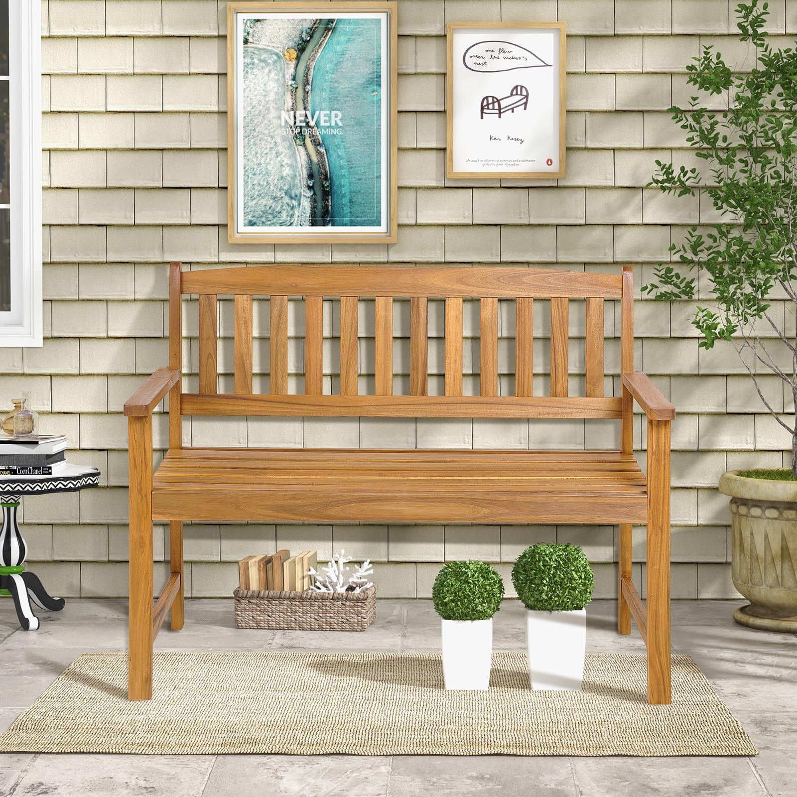 Outdoor Acacia Wood Bench, 2-Person Garden Bench with Backrest and Armrests
