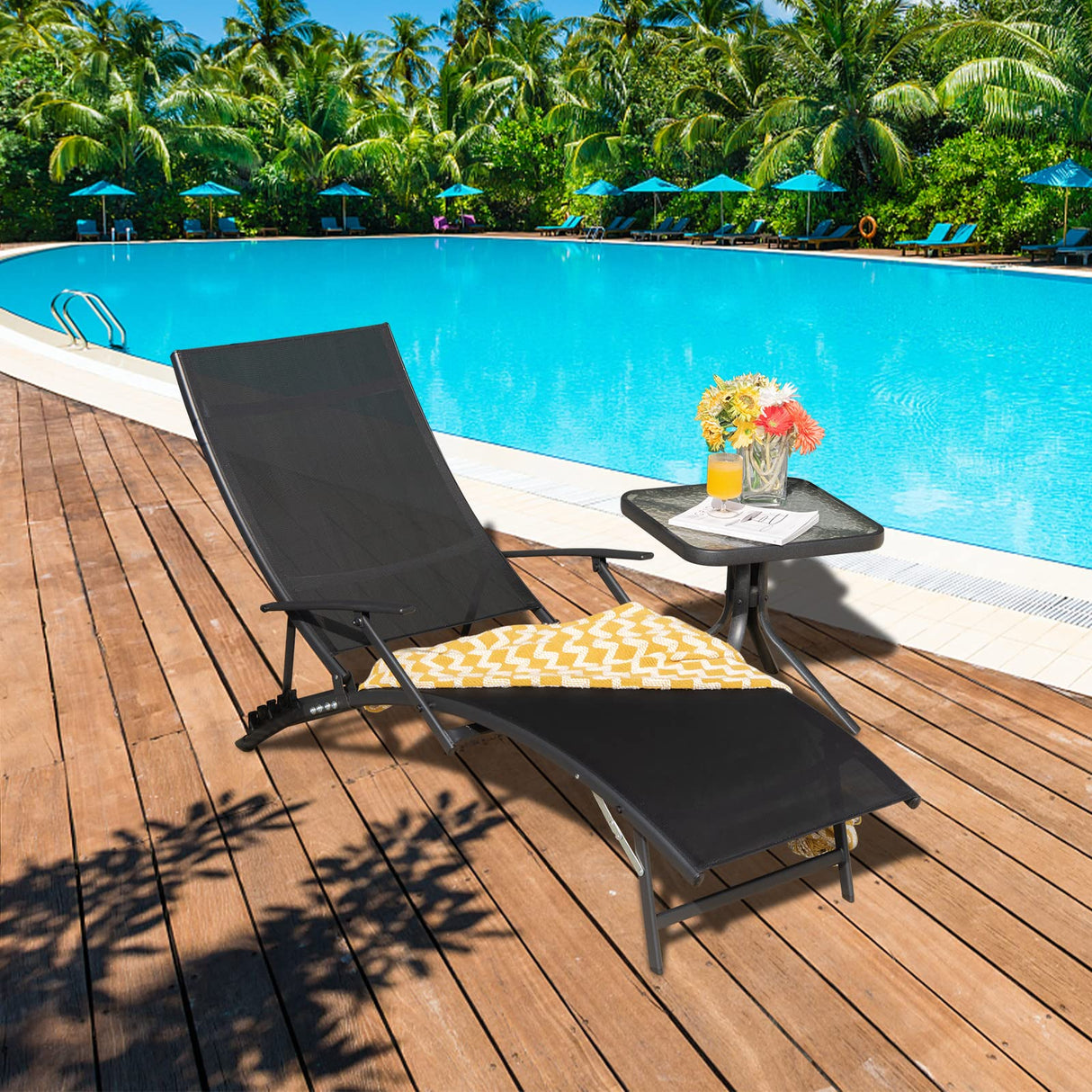 , Outdoor Foldable and Stackable Chaise Lounge Chairs with Breathable Fabric, 5-Level