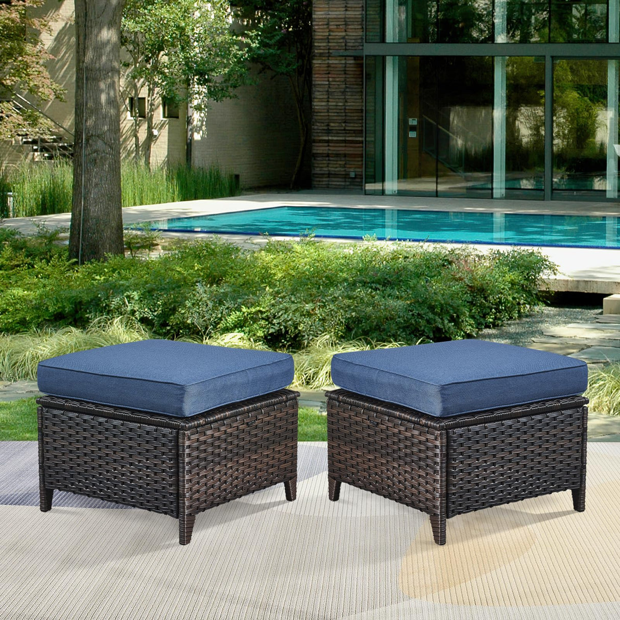 Patio Ottomans Set of 2 Outdoor Ottomans Wicker Foot Stools 2 Piece Footrest PE