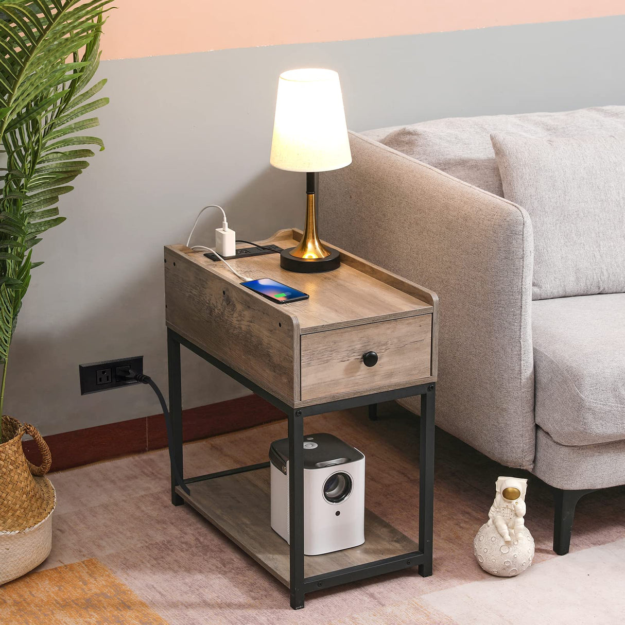 Narrow Side Table, End Tables Living Room Set of 2, Slim Nightstand with Charging Station