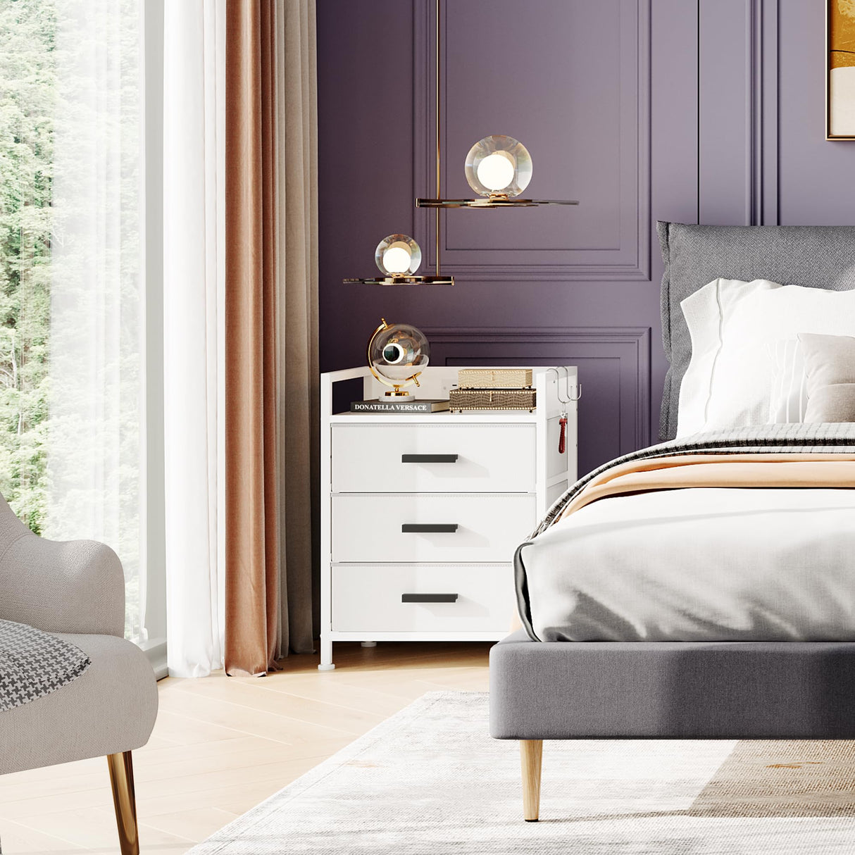 Set of 2 Side Table with Fabric Drawers, End Table