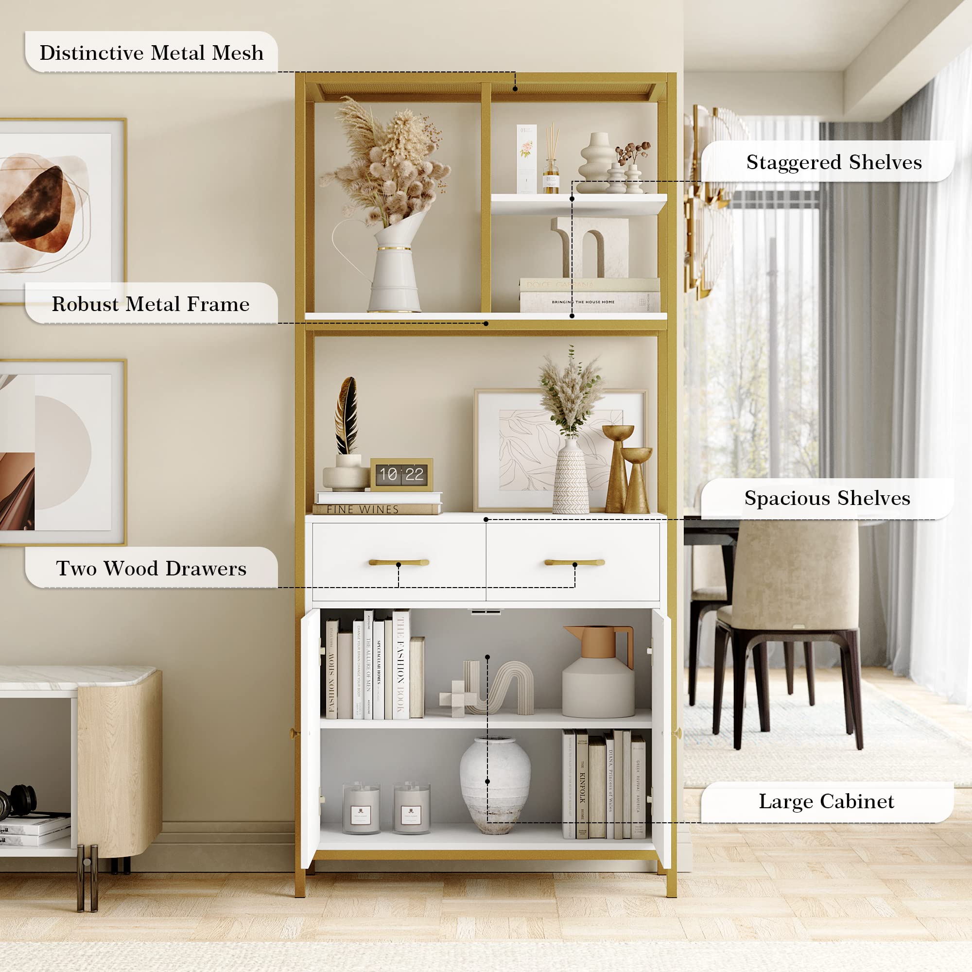 all Bookshelf, Modern White and Gold Bookcase, Book Shelves with Drawers and Storage Cabinet, Metal Etagere Bookcase Display Shelves for Home Office, Gold/White