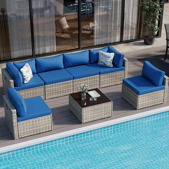 7-Piece Patio Furniture Set, Brown PE Rattan Sectional Sofa with Water-Resistant Gray Cushions