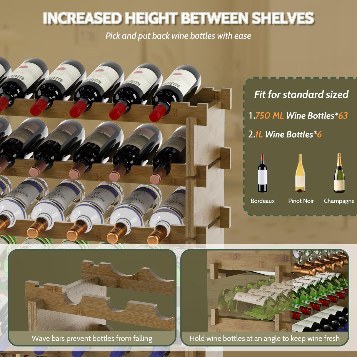 Wine Rack Freestanding Floor, Bamboo 8-Tier 69 Wine Bottle Holder Racks Countertop