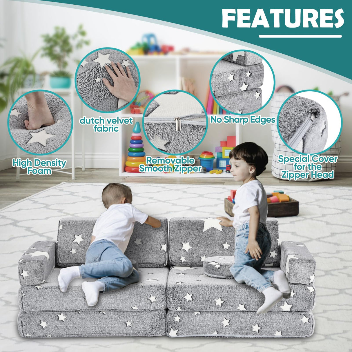 Kids Play Couch, 10 Pcs Glowing Stars Toddler Sofa