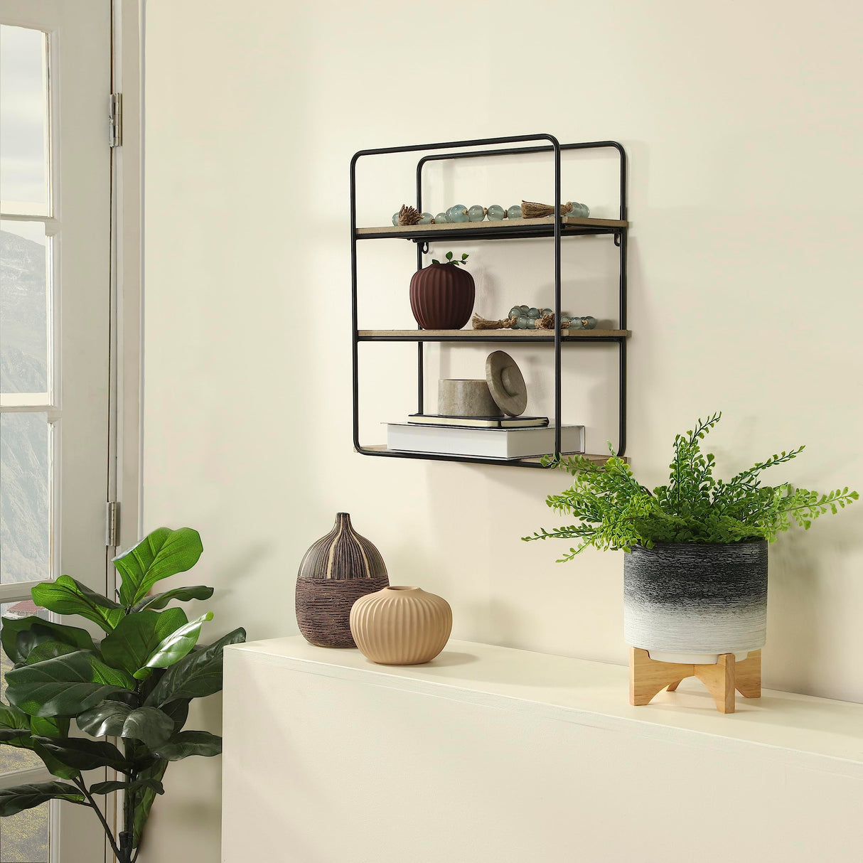 Metal/Wood 3 Tier Wall Shelf, Brown/Black