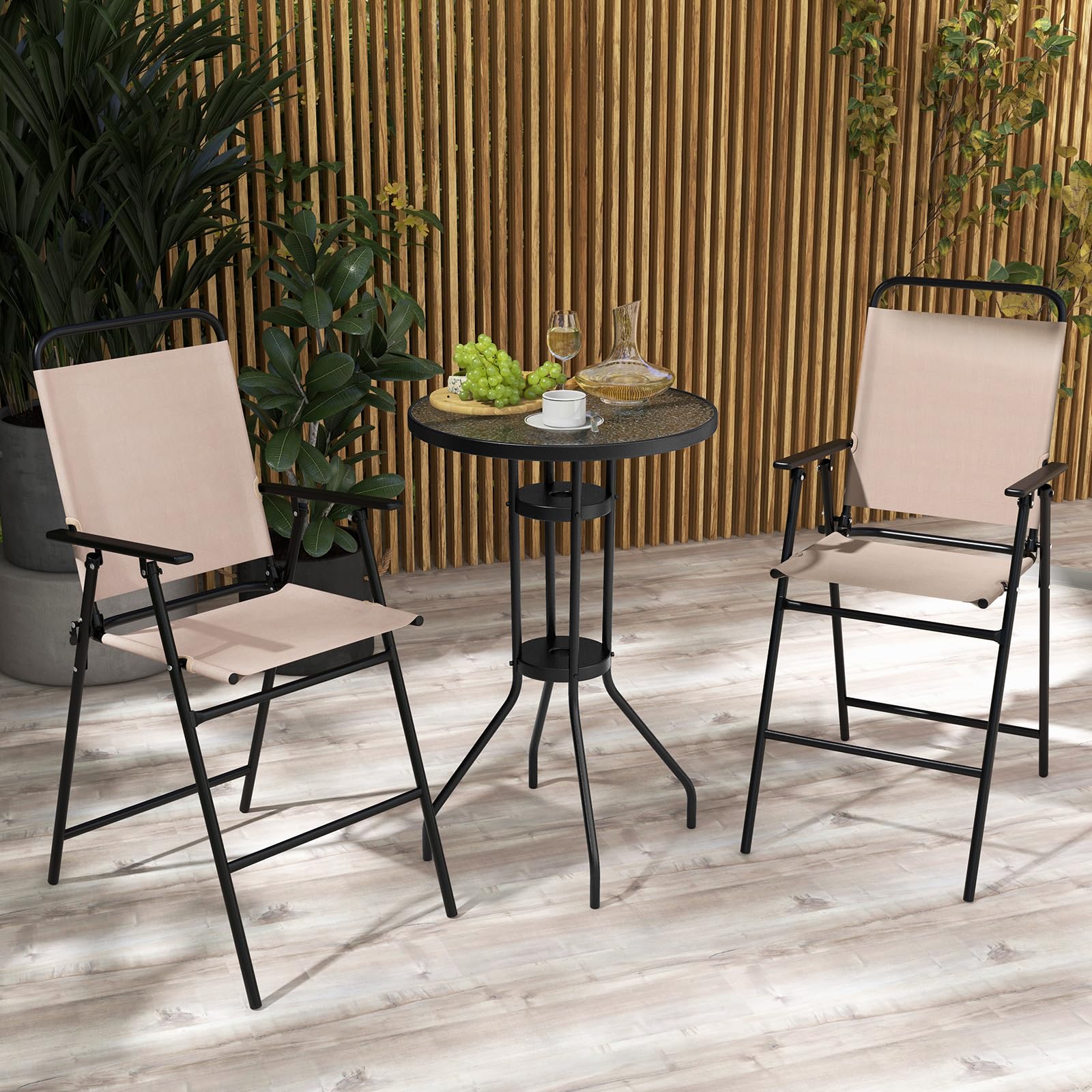 3 PCS Outdoor Bistro Set, Patio Bar Table with 2 Folding Chairs
