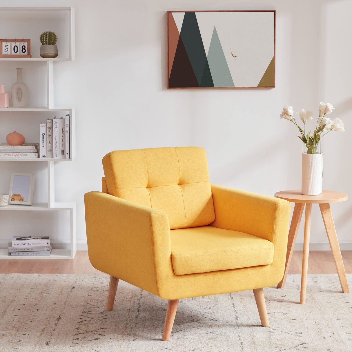 Linen Fabric Accent Chairs Set of 2, Mid Century Modern Armchair for Living Room