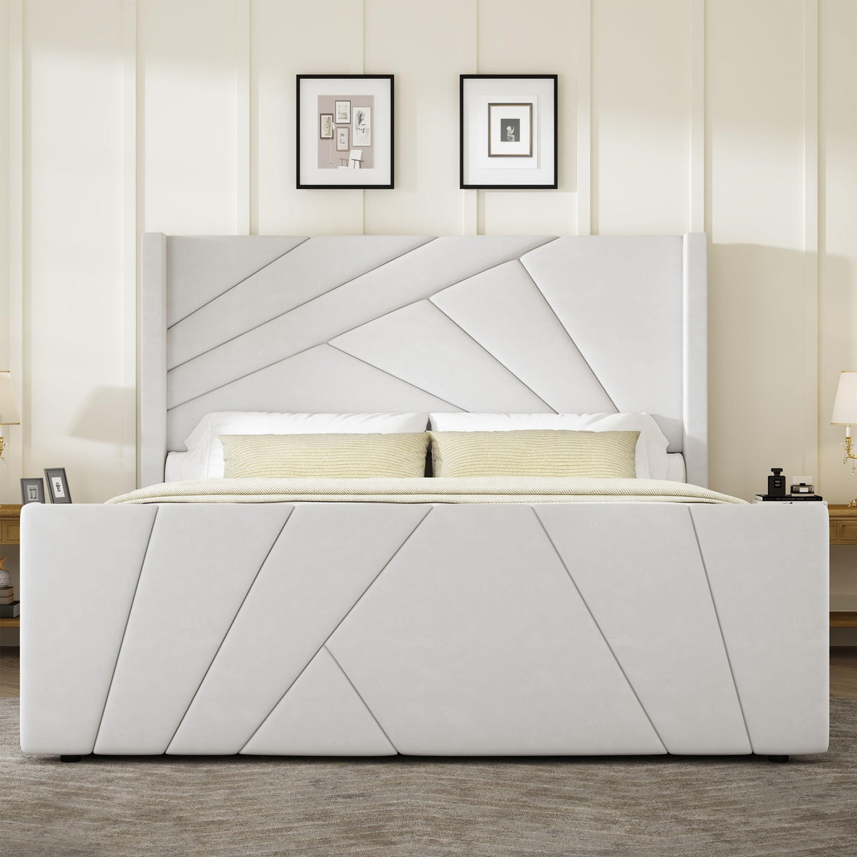 Queen Velvet Platform Bed with Geometric Tufted Headboard