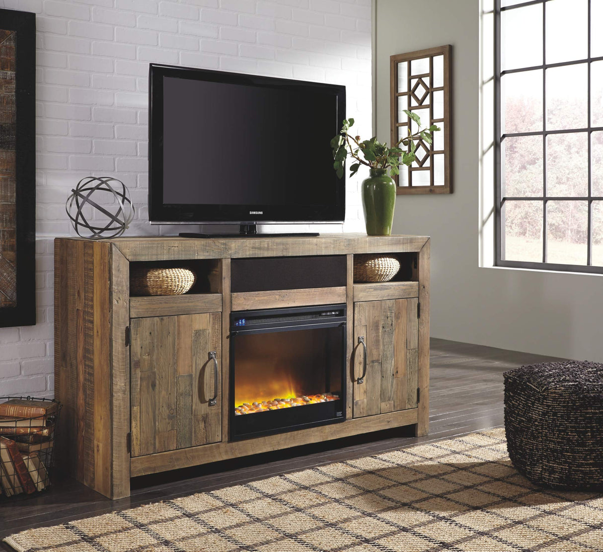 Sommerford Rustic Solid Pine Wood TV Stand Fits TVs up to 60", 2 Cabinets, 3 Storage