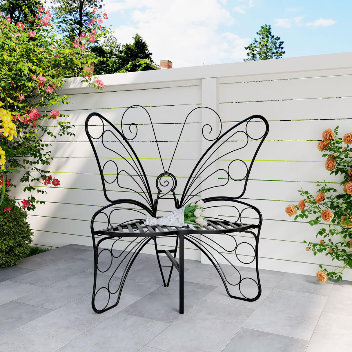 Butterfly Shaped Outdoor Bench, Black Garden Bench for Outdoor