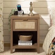 Rattan Nightstand Set of 2, Farmhouse Night Stands with Charging Station Bedside Table