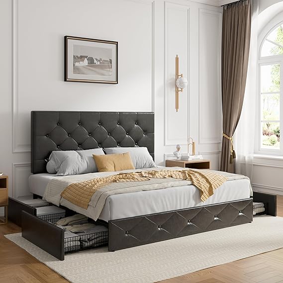 Upholstered Queen Platform Bed Frame with Adjustable Headboard