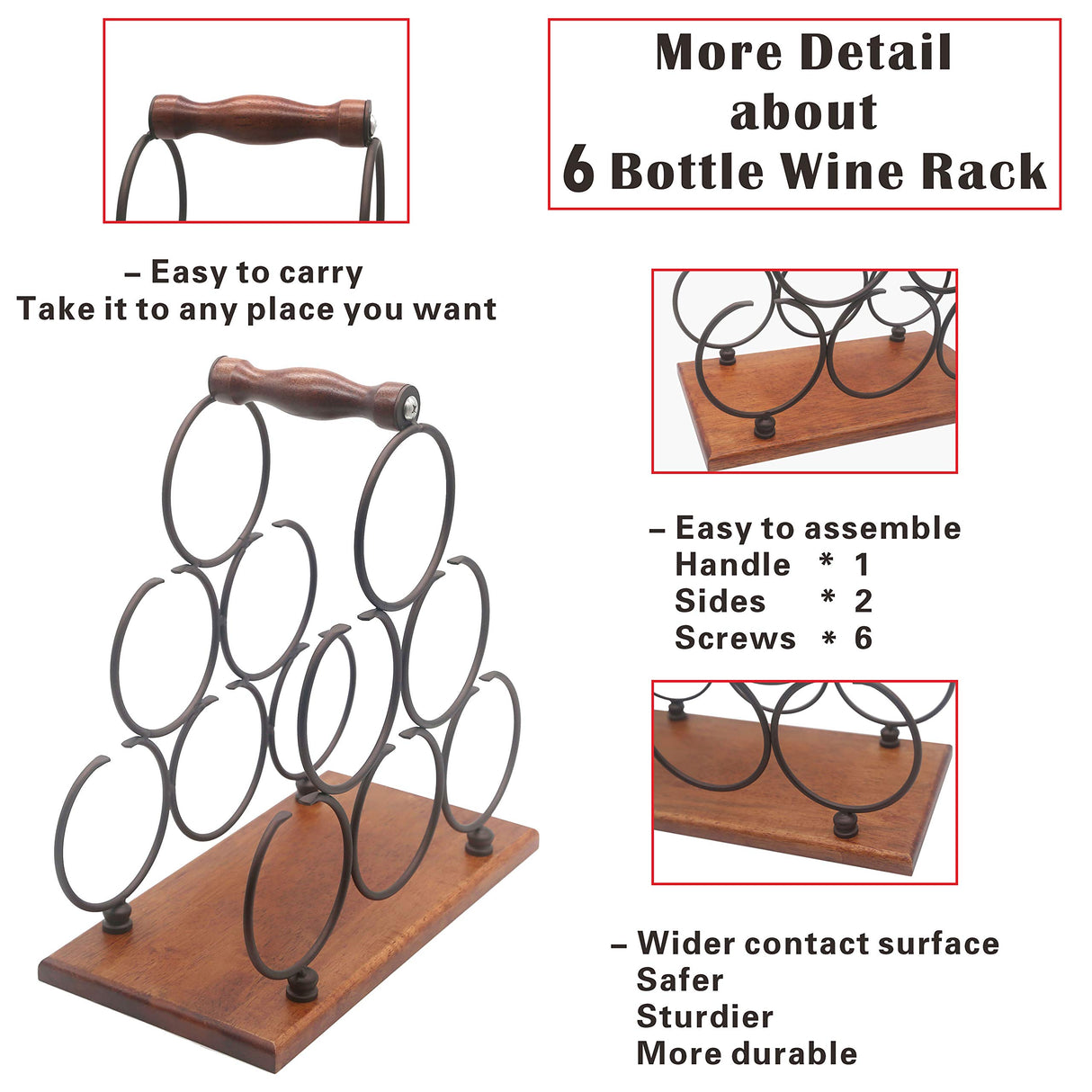 Countertop Wine Rack, Tabletop 6 Bottles Wood Wine Holder, Sturdy Handle