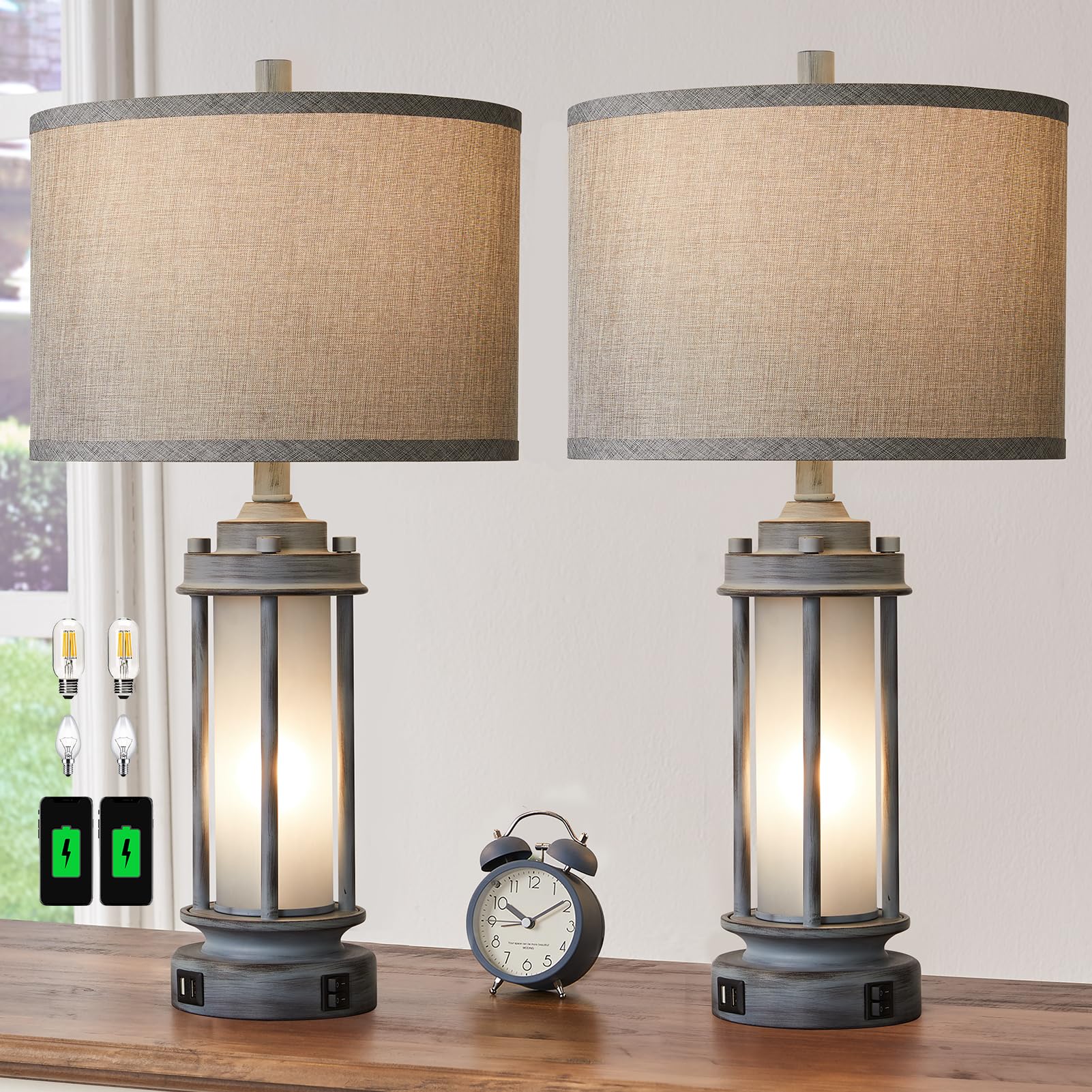 Set of 2 Rustic Table Lamps for Living Room, Farmhouse Vintage Nightstand Lamp with 2