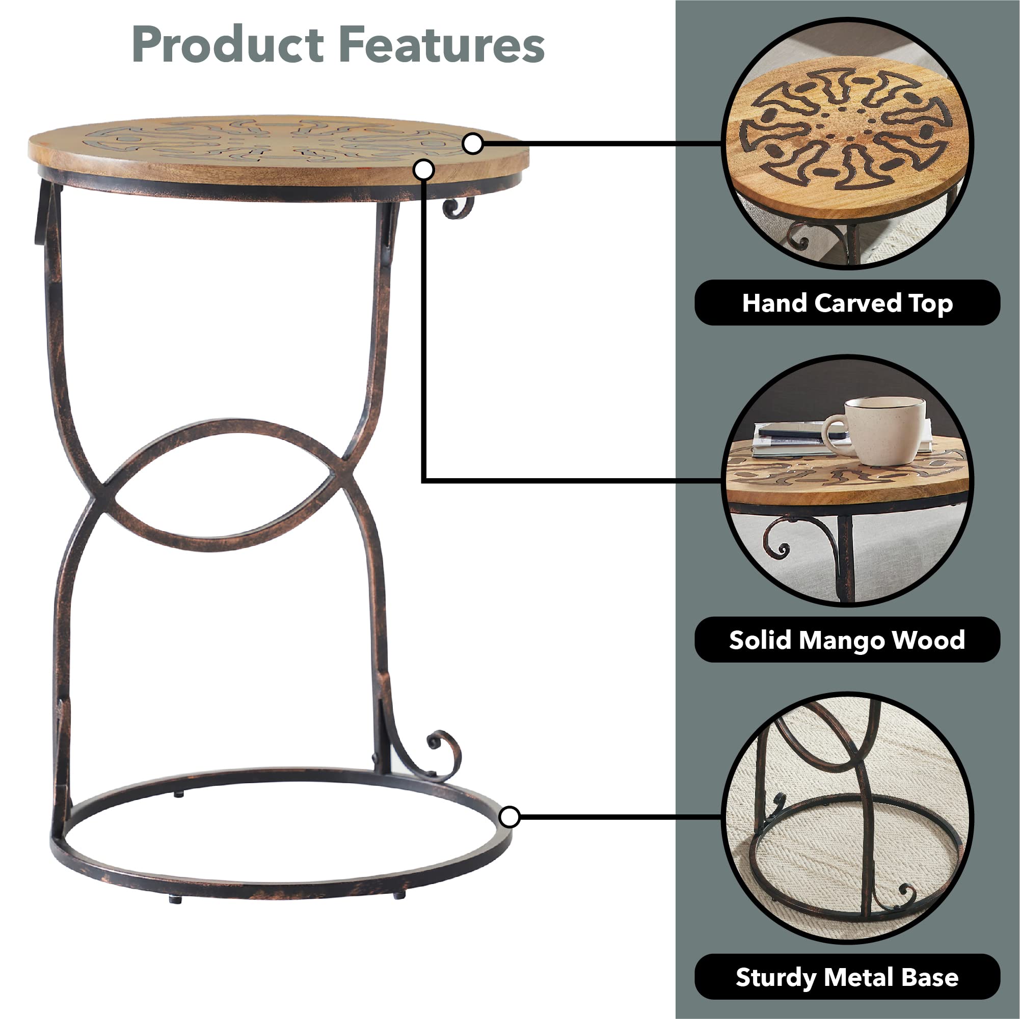 Natural and Black Jace Carved C End Table, Side Table, Night Stand, Wood and Metal