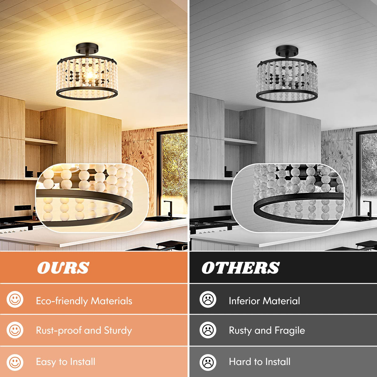 Farmhouse Boho Light Fixture - Wood Beaded Chandelier, Rustic Semi Flush Mount Ceiling Light, Black 2-Light Nursery Light Fixture for Kitchen Island Foyer Hallway Bedroom Living Room, E26 Base