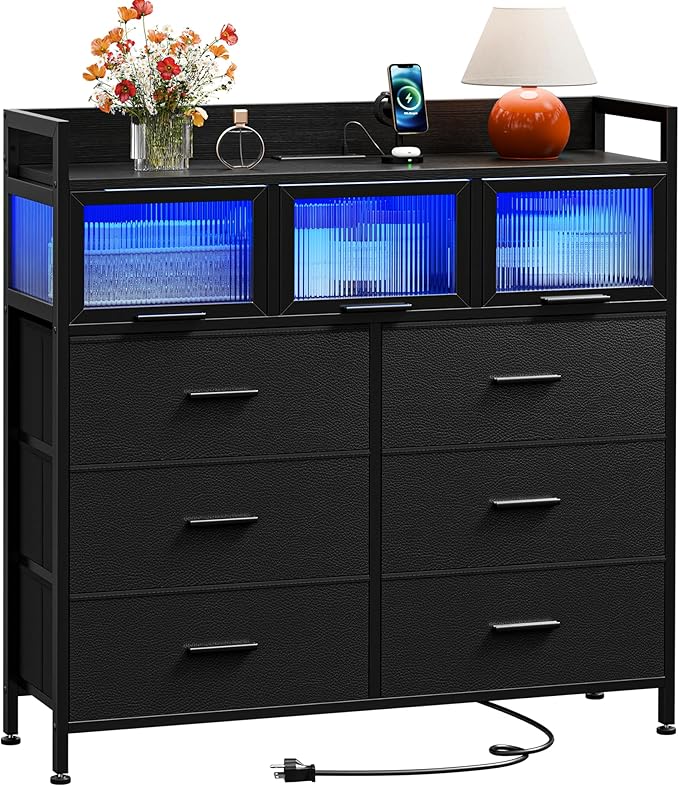 Dresser & Chest of Drawers with LED Lights, Power Outlets & Acrylic Window - Modern