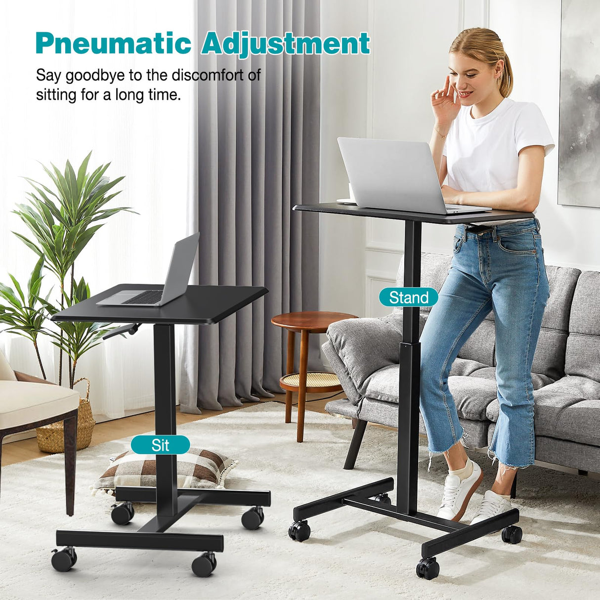 Mobile Small Standing Desk, Portable Rolling Laptop Sit Stand Desk with Lockable Wheels
