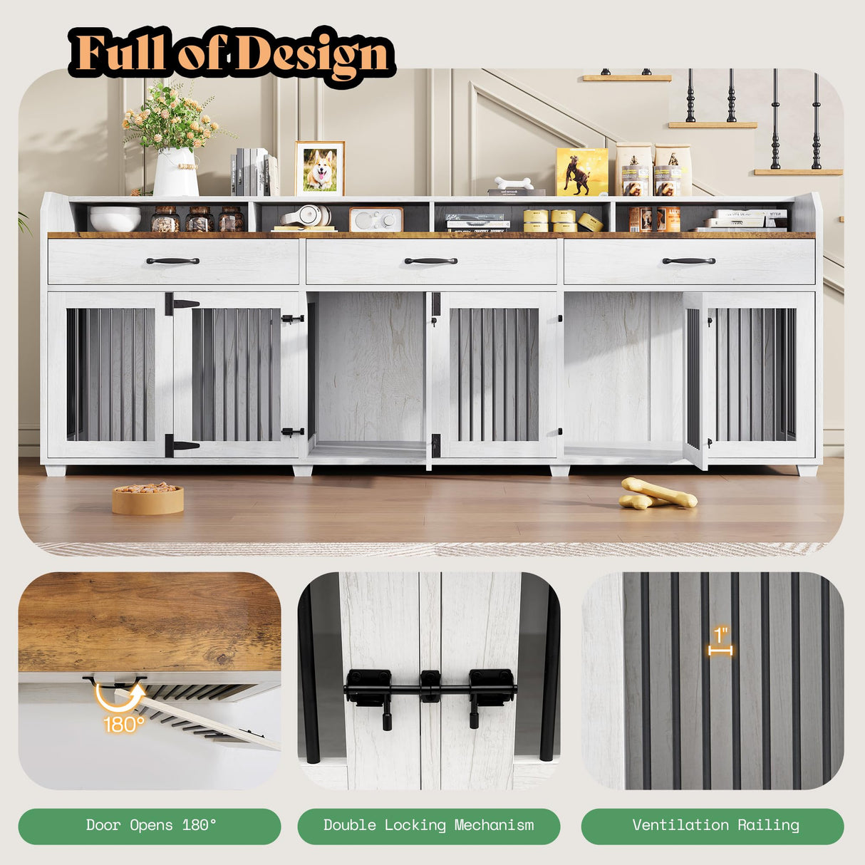 95" Dog Crate Furniture with Storage - 3-Room Wooden Kennel TV Stand