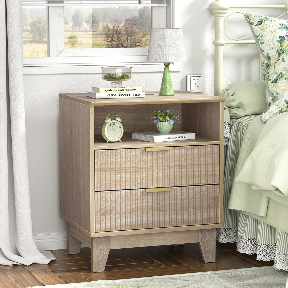Fluted Nightstand with 2 Drawers