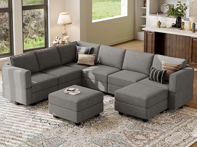 L-Shaped Sofa with Storage Seat Fabric Modular Sectional