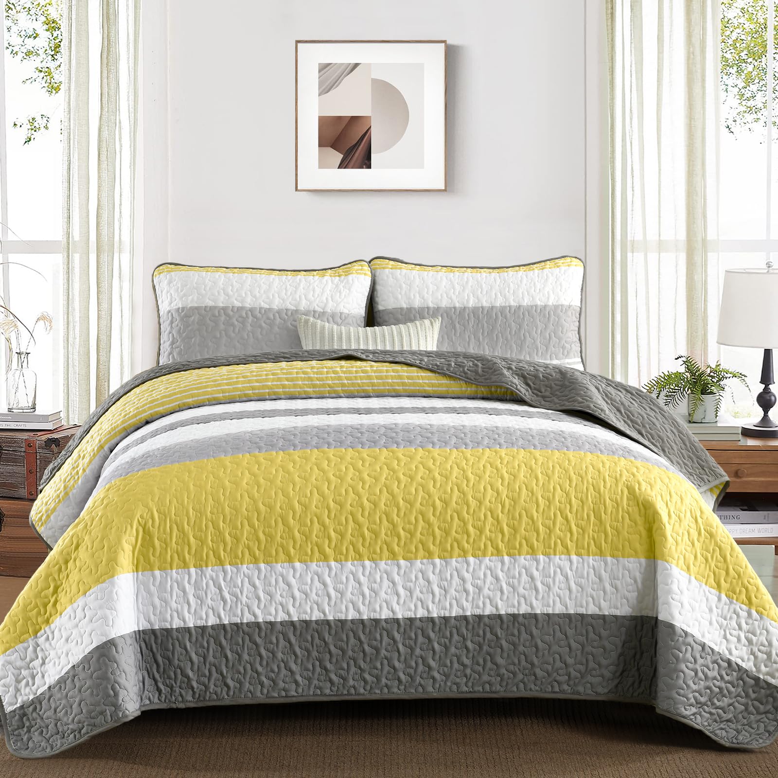 Striped King Size Quilt Set,Lightweight Grey Bedspreads Boho