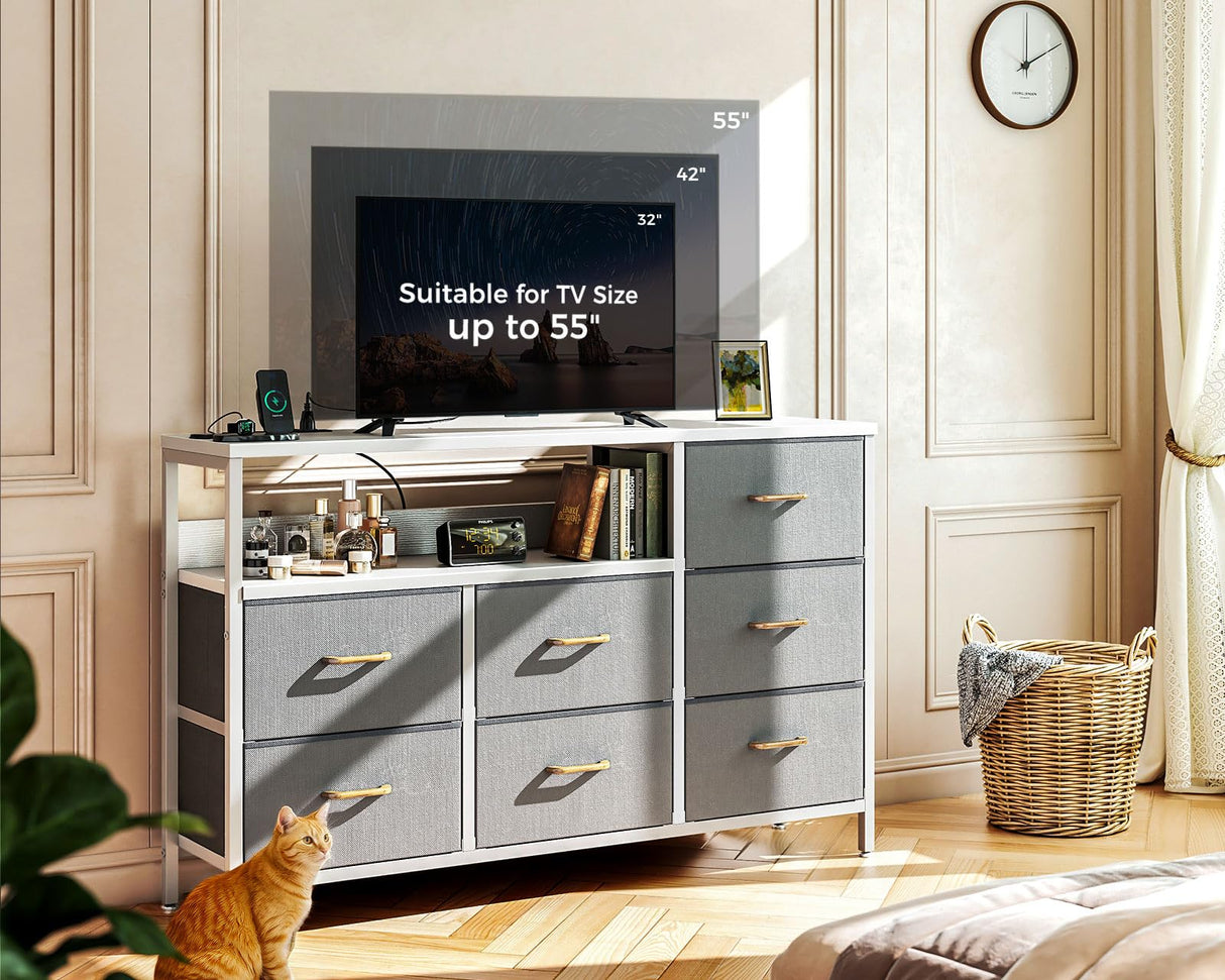 Dresser with Charging Station, 52-Inch Long Dresser for Bedroom with 7 Large Fabric