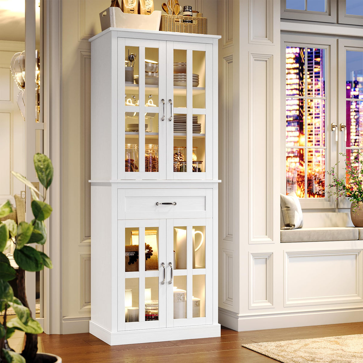 71'' Kitchen Pantry Cabinet, Tall Kitchen Cabinet Pantry Cabinet with Glass Doors