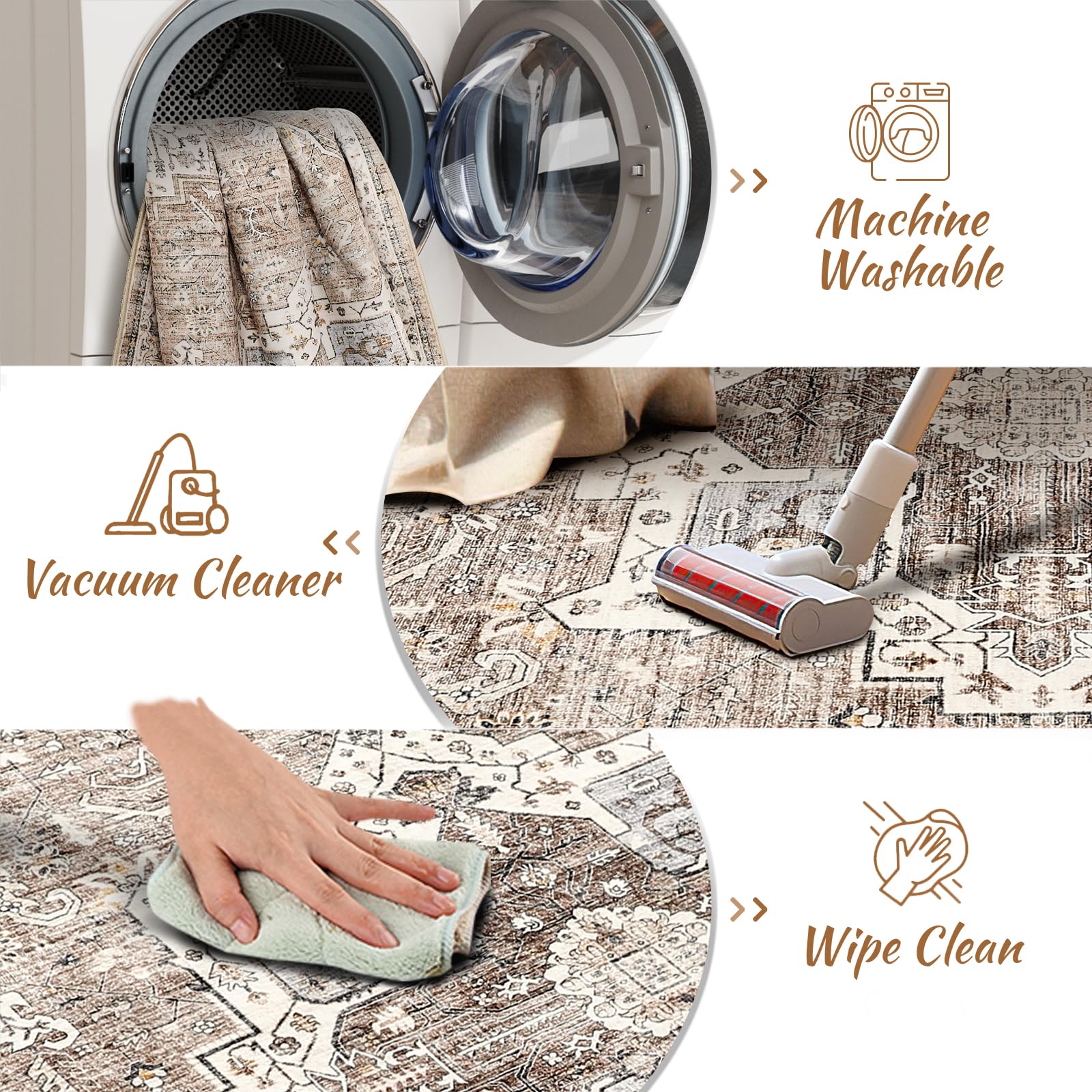 zesthome Area Rugs 8x10 Rugs for Living Room,Non-Slip Backing Washable Rugs,Vintage Printed Large Area Rug,Ultra-Thin Stain Resistant Rug (Brown,8'x10')