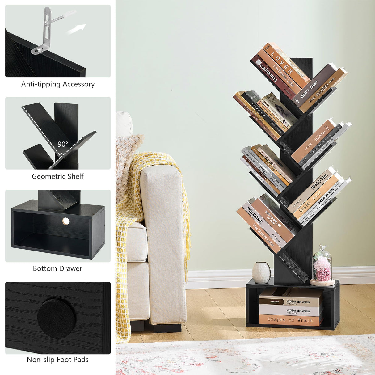 Hoctieon 6 Tier Tree Bookshelf, Tall Bookcase with Drawer, Freestanding Book Shelf, Display Floor Standing Storage Shelf, Book Organizer Shelves for Home Office, Living Room, Bedroom, Black