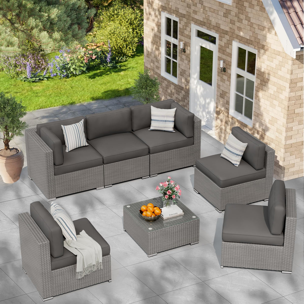 7 Piece Outdoor Sectional Sofa Patio Furniture Set, All-Weather PE Grey Wicker Patio Conversation Set