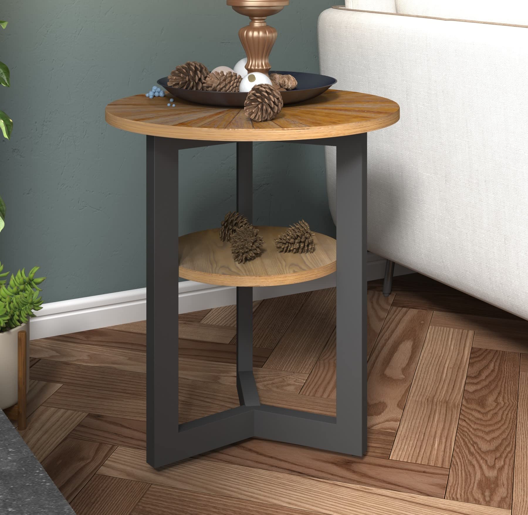 Round End Table with Storage, Solid Wood Sofa Side Table with Metal Frame