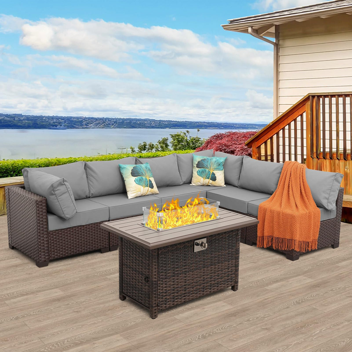 7 Pcs Outdoor Sectional Patio Couch 60000 BTU Wicker Propane Fire Pit Table Outdoor