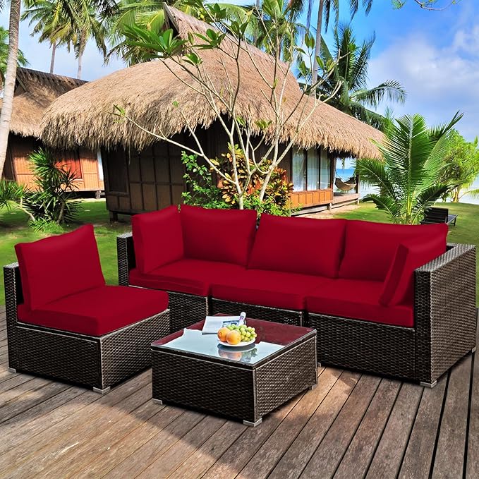 5-Piece Outdoor Patio Furniture Set - Rattan Wicker Sectional Sofa with Coffee Table & Cushions