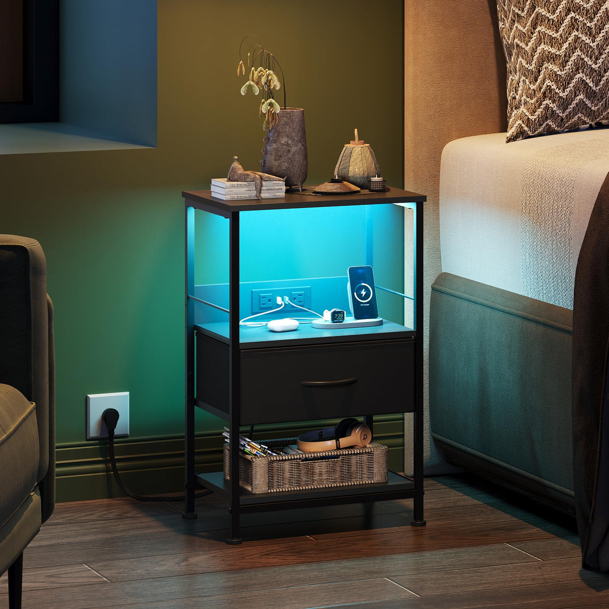 Night Stand with Charging Station, LED Nightstand