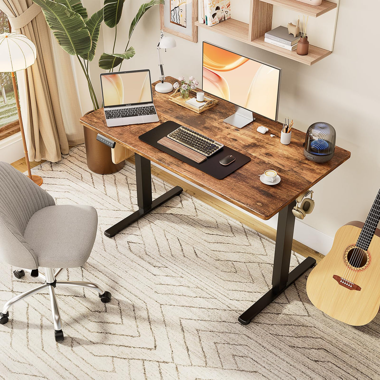 Adjustable Height, 63inch Electric Sit Stand up Desk for Home Office, Modern Rising Work Table for Computer Laptop, Lift Gaming Desk Sturdy Ergonomic Workstation, Rust Brown