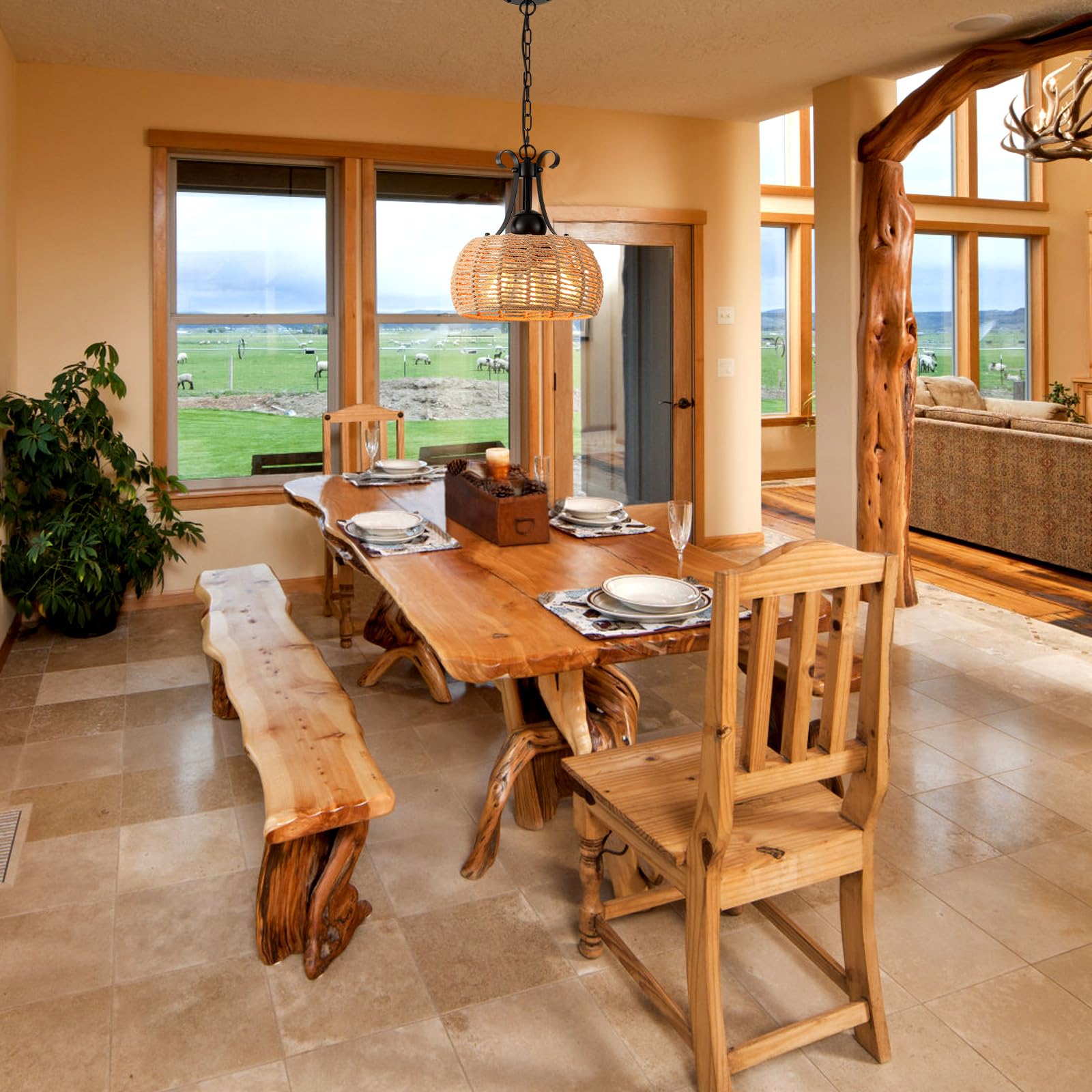 ZSYSZM 12.6”Boho Large Light Fixture,3-Lights Farmhouse Chandelier for Dining Room,Coastal Wicker Chandeliers,Rattan Pendant Light Kitchen Island,Rustic Chandelier Over Table,Bedroom,Hallway, Foyer