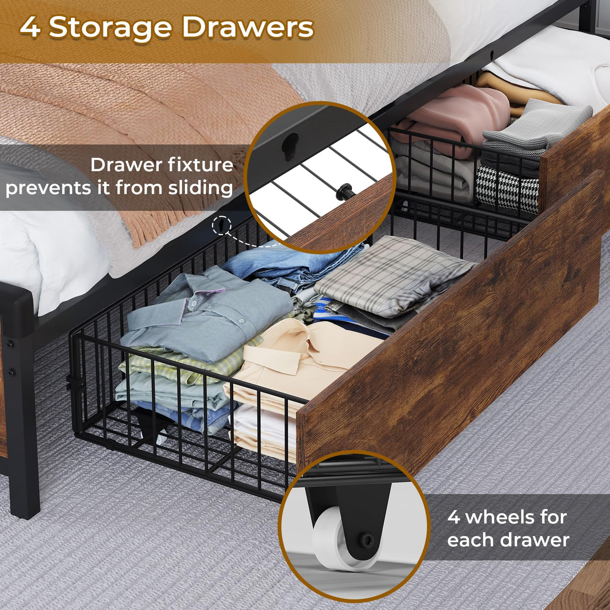 Farmhouse Full Size Metal Bed Frame with Storage Shelf Headboard