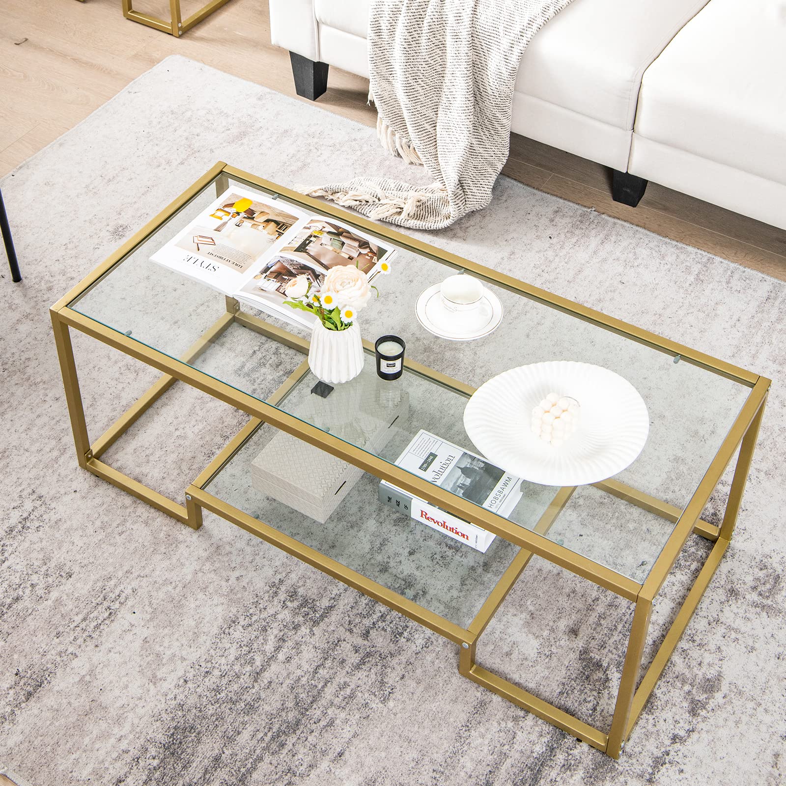 Rectangular Glass Coffee Table, 45" Wide Modern Tempered Glass Center Table